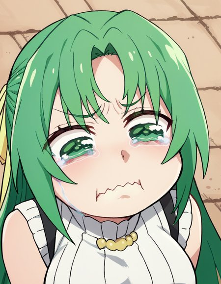score_9, score_8_up, score_7_up, source_anime, <lora:shion-sonozaki-s4-ponyxl-lora-nochekaiser:1>, shion sonozaki, long hair, green eyes, green hair, parted bangs, hair ribbon, large breasts, <lora:aqua-about-to-cry-ponyxl-lora-nochekaiser:1> crying aqua, crying aqua (meme), crying, tearing up, tears, wavy mouth,, ,