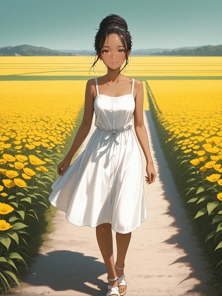 masterpiece, best quality, absurdres,
<lora:ILCyberPanam:1.0>
CyberPanam, 1girl, black hair, brown eyes, dark skin, looking at viewer, white sundress, sandals, field, bloom, flowers, walking, happy
