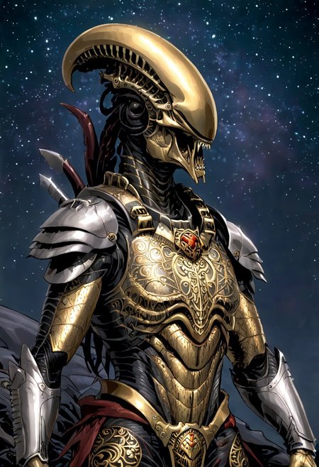 An insanely Detailed Divine Xenomorph, Golden and silver in color, cyberpunk, a crimson tinge to the golden color, Hyperdetailed, Omnipresent, Beautiful, Sinister overtones, otherworldly,((masterpiece, best quality)), fantasy, solo, 1 alien knight, silver armor chestplate with silver medieval ornaments and runes, galactic night sky background, perfect composition, sidelighting, outdoor,