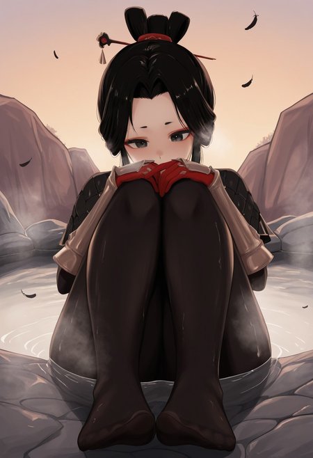 rhel,  outdoors, undershirt, falling feathers, black bodysuit, hair stick, hugging knees, knees to chest, gauntlets, eyeshadow, red gloves, two sides up, black capelet, red hairband, black eyes, 1girl, solo, feet, visible breath, dynamic angle, foreshortening, smell, steam, onsen, water