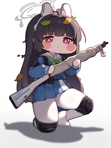 (trickcalcg, chibi:1.4), (blush stickers, blush), blue archive, miyu \(blue archive\), 1girl, ahoge, animal ears, black hair, blue serafuku, blue skirt, bolt action, fake animal ears, grey halo, gun, halo, holding, holding gun, holding weapon, knee pads, kneeling, leaf, leaf on head, mosin-nagant, pantyhose, rabbit ears, red eyes, rifle, school uniform, serafuku, simple background, single knee pad, skirt, sniper rifle, solo, twig, weapon, white background, white pantyhose, 
colorful, (best shadow:1.2), golden hour lighting, (Depth of field:1.2), beautiful detailed glow,  
(masterpiece, best quality, absurdres, highres, newest:1.2), very awa, 