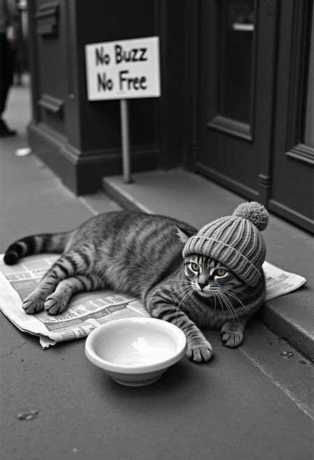 A stray cat wearing a knitted hat lies on the sidewalk, covered with newspaper, next to a ceramic begging bowl and a sign that reads "No Buzz, No Free". Kodak Film, Ultra High Definition, 35 mm, Chiaroscuro