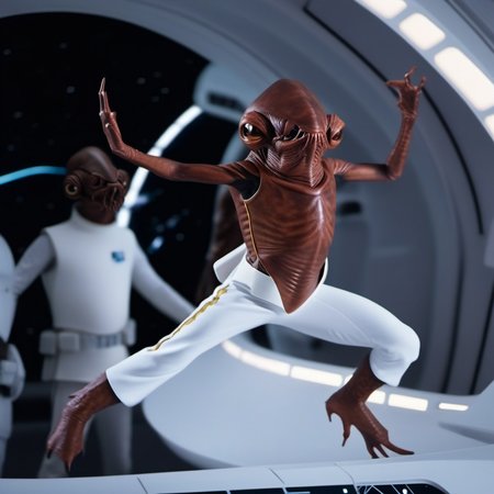 cinematic photo an brown skin alien with a strange looking face, star wars, white suit, 
fighting poses, spaceship <lora:AmiralAckbar1024:0.9> . 35mm photograph, film, bokeh, professional, 4k, highly detailed