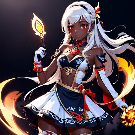 1girl, 3d, black background, cowboy shot, dark skin, dress, fingerless gloves, genshin_mualani, gloves, hair ornament, long hair, profile, red eyes, sandals, simple background, skirt, solo, white gloves, white hair <lora:Genshin_Mualani_pony:1> <lora:aidma-Image Upgrader-v0.1:1>  perfect hands <lora:MHXL_Scrantelly_Slimjane:.6>