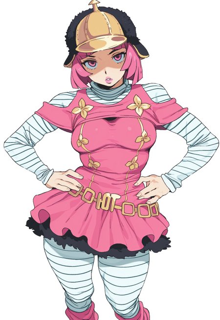 whoopsatr,  anime, masterpiece, best quality, detailed background, 8k, 1girl, solo, hot pants, pink hair, short hair, pink lipstick, pink eyes, gold helmet, black fur cap, white striped shirt, long-sleeve shirt, baggy turtleneck, pink dress, layered dress, gold accessories, gold belt, white striped pants, baggy pink socks, white shoes, white background, parted lips, half body, staring at viewer, dramatic pose, hands on hips, breasts