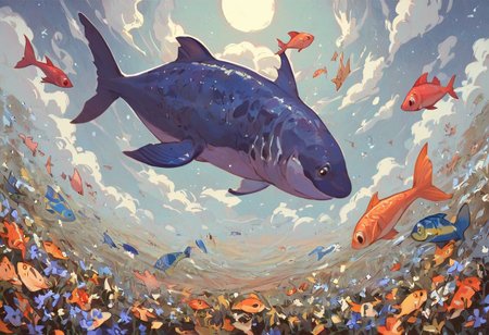 score_9, score_8_up, score_7_up, score_6_up,
nature background, flowers, flower, clouds, fields, flower field, night time, dark county side, moon in the sky, huge moon, glowing moon, white glow, horizon view, flat horizon 
flying fish, fish floating, fish swimming thriugh the sky, betta fish, multi colour fish,  swarm of fish, 30 fish, huge swarm of fish,fish ,Aquatic life, swarm of fish around a big fish, large goldfish, goldfish, large fish, dragon fish, dragon gold fish