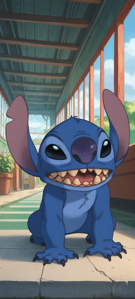 score_9, score_8_up, score_7_up, source_anime, detailed skins,  highly detailed, stitch,black eyes,no pupils,no humans,colored skin, blue skin, furry,sharp teeth, two-armed,claws,  grin,  cartoon,  detailed background, <lora:StS_PonyXL_Detail_Slider_v1.4_iteration_3:3>, <lora:Stitch:0.8>  <lora:add-detail-xl:1> <lora:Expressive_H:1>  scenery, <lora:Experiment_626_aka_Stitch_Lilo_and_Stitch_for_PonyXL:0.4> depth of field, gras, (masterpiece, best quality, high quality, highres, ultra-detailed),