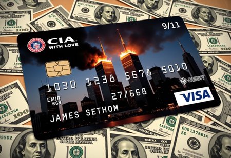 The image is a digital illustration on a Visa credit card of a custom Visa credit card placed on a table, with a background of scattered cash dollars filling the entire space behind it. The card features the twin towers (World Trade Center) at the moment of impact from a large passenger airplane, with flames and smoke rising from the crash site. The card design is sleek, futuristic, with dark metallic colors and holographic accents.
The expiration date is “9/11” and the name on the card reads “From CIA with Love,” in bold, modern typography. The CVV code is “666,” displayed in a distorted font. The card's surface has intricate detailing and texture, making it appear realistic.
Four spades symbols are positioned in each corner of the card, designed with a shiny, sleek finish. These spades are illuminated by the light from the burning towers, adding depth and dimension to the image. The card is slightly tilted, casting a subtle shadow on the table beneath it. The scene blends surrealism and digital design, focusing on the contrast between financial elements (cash) and the destruction of the World Trade Center. The card occupies the full frame, giving a powerful visual impact. aidmatextimprover
