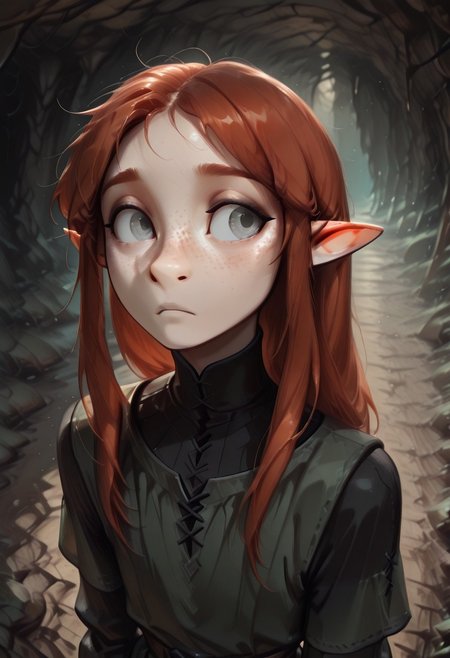 1person, solo, Lapanya, Malgha, freckles, pointy ears, Long-sleeve black shirt, green tunic,
Close up, looking to the side, looking away from viewer, high angle, anxious expression,
Underground, organic cavern,
Masterpiece, high quality, highly detailed, perfect eyes,  detailed freckles,