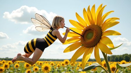 cinematic photo a (25 year old girl:1.5), she has huge bee wings attached to her back and bee antennae attached to her head, she's wearing a( black and yellow:1.2) horizontally striped figure hugging lycra minidress, the dress has a human sized (fuzzy bee abdomen attached sticking out at the butt:1.3)
she has blonde hair in a bob cut, she has a slim figure and long legs, she has medium sized breasts
she's hovering in midair in front of a enormous flower, the flower is bigger than the girl, ready to drink it's nectar through a long straw, the straw is held in her hand with the end (stuck into the flower:1.3)
she's in a meadow of enormous wild flowers,, score_9, score_8_up, score_7_up, hyperdetailed, hyperrealistic,  best quality, (masterpiece:1.3),high-definition, intricate details, volumetric lighting, symmetrical face, level eyes, . 35mm photograph, film, bokeh, professional, 4k, highly detailed