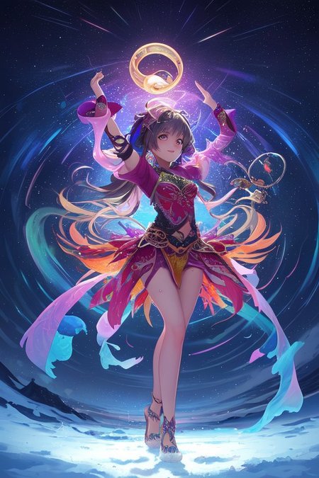 A shaman girl dances in the snow, beats a tambourine. The night sky with the aurora borealis (An image with very contrasting and vivid psychedelic colors) (OverallDetail, DaSa, psychedelic)
