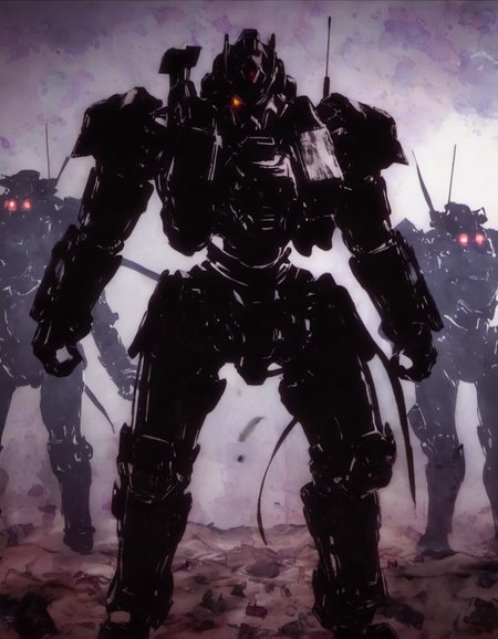 <lora:niohstorytelling-step00000400:1>,niohstorytell,silhouette of a mech warrior,battlefield on the background