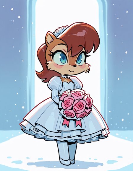 1girl, solo, <lora:knuxze:1> knuxze, no humans, petite,
sally acorn, chipmunk, brown fur, brown hair, blue eyes, little girl, petite, classic wedding dress, sweetheart neckline, petticoat, pantyhose, flower bouquet, (medium shot), wrapping gifts, detailed face, located in a winter scene at a snow-covered village during dawn with misty weather, illuminated by moonlight reflecting on snow, creating a serene,bright atmosphere, extremely detailed, highres, masterpiece, best quality