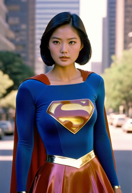 1980s Supergirl film costume, youthful raven-haired Korean Supergirl, facing forward, shiny voluminous smooth straight side-parting short bob haircut, Supergirl film 1980s, ultra-realistic photo, Hyperdetailed photography, sharp focus