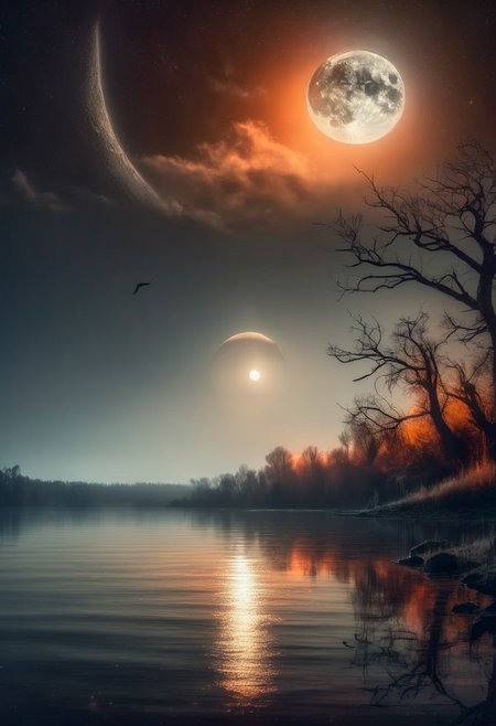 gradient night, dark black moody, (jankyard:1.2), distant small moon, desolate lake, 8k, hdr, high contrast, black and orange