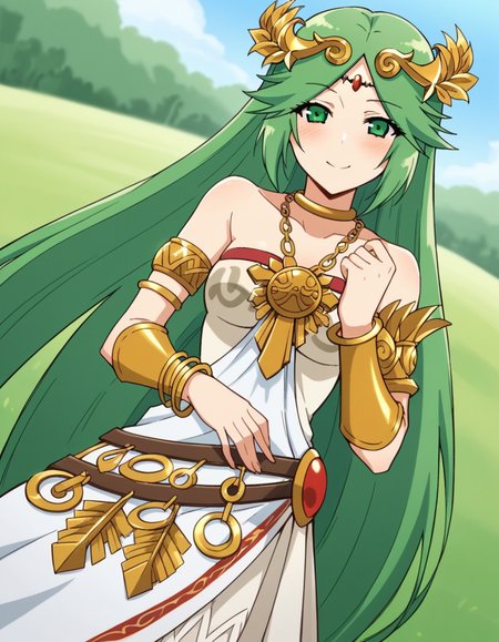 score_9, score_8_up, score_7_up, source_anime, <lora:palutena-trailer-ponyxl-lora-nochekaiser:1>, palutena, long hair, bangs, very long hair, green eyes, green hair, parted bangs,, dress, bare shoulders, jewelry, necklace, white dress, strapless, tiara, strapless dress, armlet, neck ring, gold,, wheat field, golden, harvest, farming, open, smile, hand on stomach, blush,, looking at viewer, solo,, dutch angle, cowboy shot