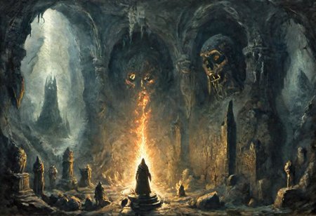 a silhouette standing in the middle with a torch, mines of moria underground, carved statues, abstract temple in the unthinking depths, 
overgrown cave and ruined walls, Nordic dungeon, cave ruins concept art, demonic runes and incantations carved into the dark souls catacomb, Skyrim, the elder scrolls, arx fatalis, dungeons and dragons,