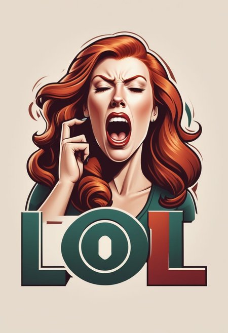 ("LOL" text logo:1.5), attractive redhead woman with large chest yawning and looking disinterested, text logo <lora:dvr-ftl:0.8>