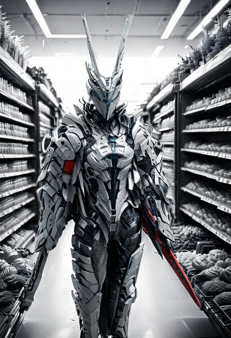 whitemold,3d printed mold,art style,greyscale,monochrome, front view, (supermarket:2), vegetables department, WHITE CYBORG WARRIOR, score_9, score_8_up, score_7_up, score_6_up, score_5_up, score_4_up, UHD, 8K, masterpiece, detailed, ultra_high_resolution, lots of detail, Ultra detailed photo realistic background, lots of detail, RED ILLUMINATED SWORD, cyberpunk, mad-hdwr, cyberpunk.