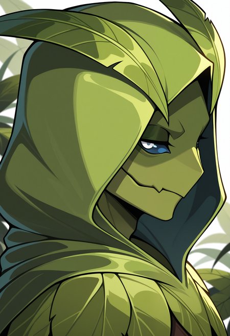 masterpiece,best quality,amazing quality, 1boy, solo, s3dg3, plant boy, blue sclera, white eyes, green skin, leaf capelet, hood up,  close up, side angle,