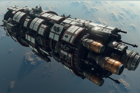 <lora:SpaceCraft_v.1:0.8> SPCCRFT style. A colossal deep-space vessel orbits a distant, barren planet, its intricate construction reflecting a fusion of advanced engineering and rugged industrial design. The spacecraftâs elongated structure features densely packed modules, each adorned with layers of metallic plating, exposed framework, and an array of intricate mechanical components that suggest a vessel built for long-term exploration and endurance. Massive cylindrical thrusters at the rear, reinforced with structural braces and heat-resistant shielding, hint at powerful propulsion systems capable of interstellar travel. Copper-toned fuel tanks and conduit lines run along the central spine, contrasting with the cold, industrial grays and whites of the outer hull, while red markings and illuminated panels provide a sense of functionality and purpose. The vessel's intricate network of antennae, vents, and docking hatches suggests a high level of self-sufficiency and adaptability in the void of space. The backdrop features the desolate surface of a distant planet, its cratered terrain cast in a muted blue-gray hue, providing a sense of isolation and scale. The image employs a photorealistic sci-fi art style with a focus on high-detail texturing, advanced lighting techniques, and precise use of color to emphasize the technological sophistication and utilitarian beauty of deep-space exploration.