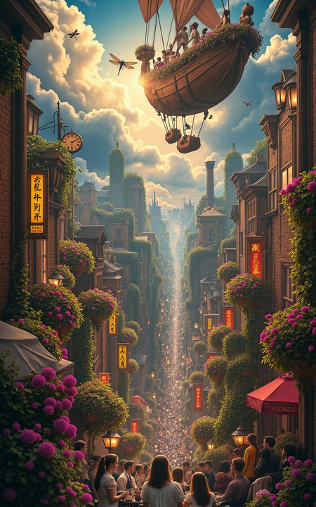 an ornate floating airship garden where Victorian ladies in pastel dresses sip tea surrounded by potted flowers and hovering brass dragonflies,view opens up to reveal an immense gear-filled city below,steam rising between rooftops,glowing signs and rotating cogs creating rhythmic shadows,vibrant lighting with backlit clouds,vivid storybook style,
<lora:aidmaMJ6.1v0.4:0.6>,aidmaMJ6.1,<lora:detailifier_sd3.5:0.8>,detailifier,