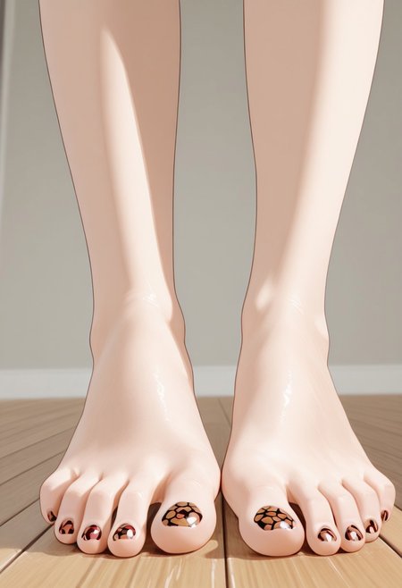 1girl, solo, barefoot, feet, wooden floor, (patterned toenail_polish), ((close-up)), lower_body, spreading toes, detailed feet, feet_focus, perfect toes, toes focus, close-up on toes, five_toes, from below