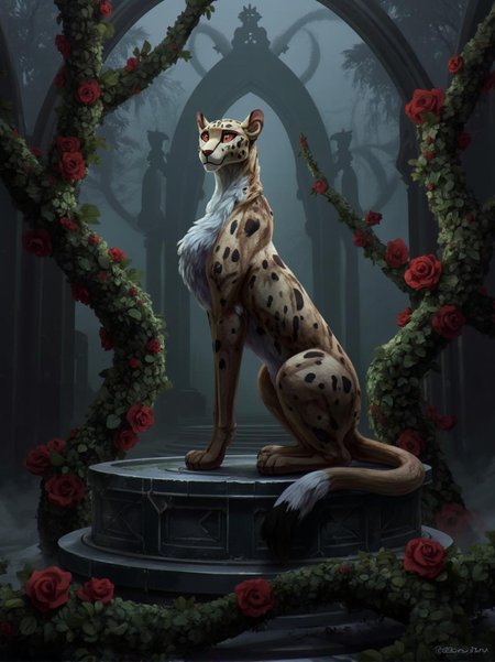 <lora:ck-LttleGhost-000011.safetensors:1> in the style of ck-lttlegh0stA majestic leopard statue, crafted from high-quality resin with exquisite detail, kneels on a circular pedestal surrounded by red rose vines that seem to be alive. The background features a Gothic arch shrouded in misty fog, adding an air of mysticism and foreboding. The entire composition exudes an aura of mystery and ancient power.