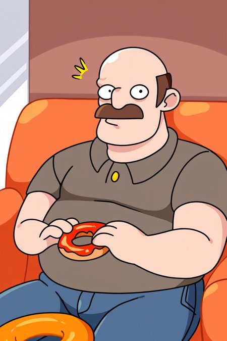 masterpiece, best quality, highres, extremely aesthetic, classicdadvk, 1boy, solo, male focus, mature male, balding, short hair, brown hair, facial hair, mustache, black eyes, polo shirt, brown shirt, short sleeves, buttons, blue pants, denim, fat man, looking at viewer, surprised, sitting, on couch, orange couch, holding food, holding doughnut, cowboy shot, indoors, living room <lora:Classic Dad - VK stickers v1.1 [LoRA] - NoobAI-XL EPS 1.0:0.8>