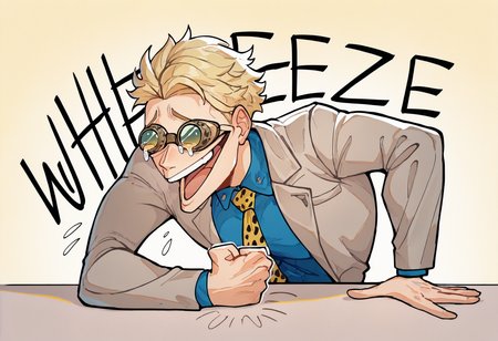 masterpiece, best quality, newest, absurdres, highres, 1girl, wheeze, upper body, laughing, tears, clenched hand, crying, english text, hand on table, open mouth, <lora:WheezeMeme_illusXLNoobAI_Incrs_v1-000013:1>,  <lora:ChamKentoNanamiIllustriousXL:1>, NanamiBase, blonde hair, short hair, goggles, grey jacket, yellow necktie, leopard print, blue shirt, collared shirt,