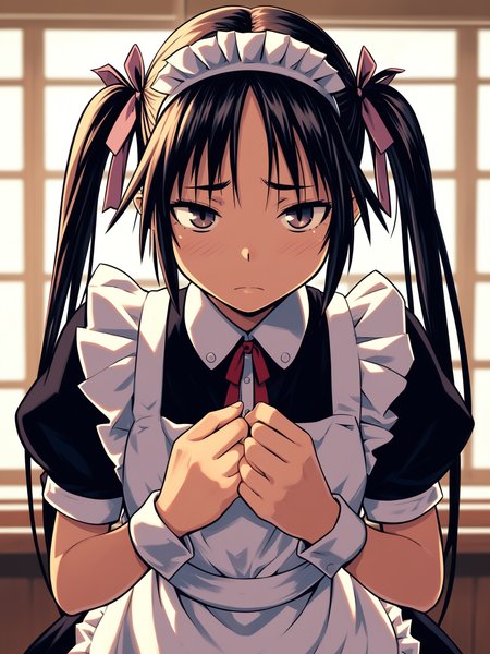 <lora:happy_tentacle-hinata-v0.1-000060:0.9>, ht_hinata, maid, maid headdress, thighhighs, twintails, apron, wrist cuffs , indoors 1girl, solo, upper body , , (sad :1.1), , looking at viewer , standing , facing viewer , score_9, score_8_up, score_7_up, score_6_up, score_5_up, score_4_up
