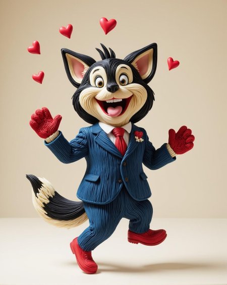 <lora:flux-licoricestyle.safetensors:1> made out of  Licorice, A fantastical creature with striped, animal-like features, blending the familiar with the exotic.Here is the succinct version: An anthropomorphic wolf, donning a blue-striped suit with red tie, grins widely while sticking out its tongue in playful abandon. Red cartoon hearts float above its head. It wears fluffy mittens and tail, red shoes, and a white collar. Its feet are suspended mid-air as it dances with unbridened joy.