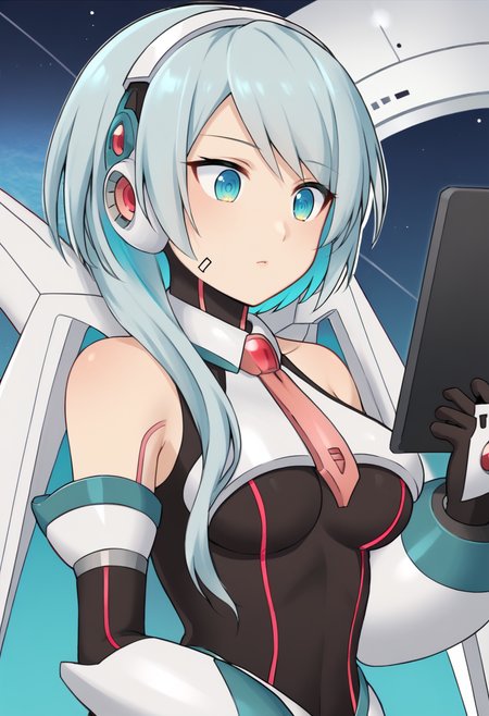 <lora:ICO-05:1>  ico, bare shoulders, necktie, leotard, gloves, thighhighs, medium breasts, android, black leotard, black gloves, blue hair, grey hair, black thighhighs, aqua hair, scarf, upper body portrait, indoor, space, long hair, tablet pc, holding tablet pc,