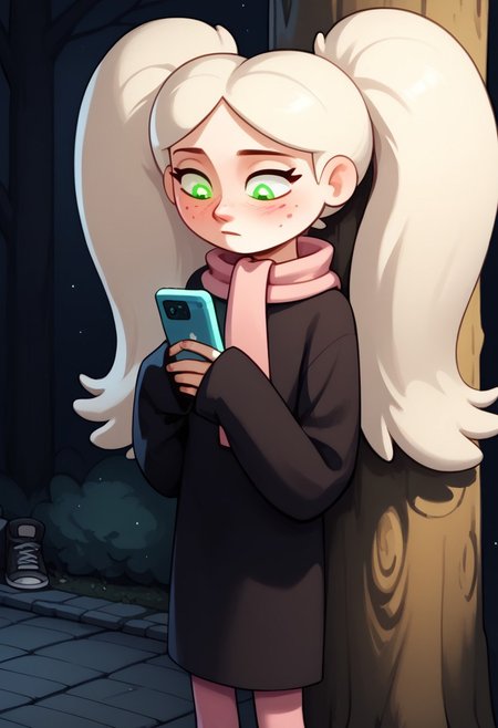 score_9, score_8_up, score_8, score_9, 1girl, solo, 
long hair, platinum blonde hair, long twin pigtails, red freckles, ((glowing green eyes)),,, oversized black dress, sleeves covering hands, light pink scarf, salmon pink tights, black sneakers,
<lora:Twintails_Marra_v1:>
outdoors, sidewalk, leaning against tree, holding cellphone, looking down, ((upper body focus))