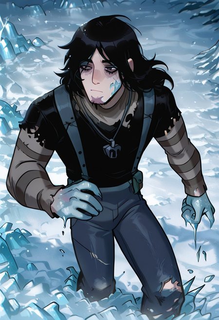 masterpiece, best quality, amazing quality, very aesthetic, absurdres, newest,
kevinov, black hair, bags under eyes, long hair, black eyes, necklace, goatee, layered sleeves, black shirt, long sleeves, short over long sleeves, torn clothes, striped sleeves, jeans, overall belt, 
dynamic pose, ice growth, growing spikes from skin, Frostbite, Frostbite_on_face, Frostbite_on_hair,frostbite on eye,