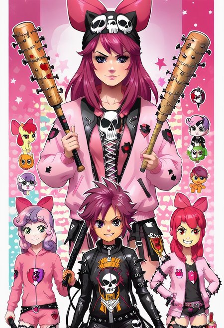 score_9, score_8_up, score_7_up, (cutie mark crusaders) applebloom, sweetie belle, scootaloo, 3 girls, trio, biker clothes, black bandana with skulls,  spiky hair on scootaloo, puple onesie blue and pink stipes, pink star tatoo, pink onesie green stripes, human 18yo, balck onsie on applebloom with white stars, applebloom holding black spiked baseball bat, holding a molotov cocktail, holding a electric whip, looking menacing, perfect face, perfect hands,
General
 thighhighs 1.2), very fuzzy, (detailed background),