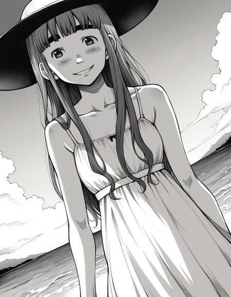 score_9, score_8_up, score_7_up, source_anime,
aikotanaka, <lora:aiko-tanaka-manga-ponyxl-lora-nochekaiser:1>,
aiko tanaka, long hair, bangs, thick eyebrows, blush, greyscale, monochrome,
dress, white dress, collarbone, bare shoulders, sundress, sun hat,
outdoors, beach, smile,
looking at viewer, cowboy shot, solo, dutch angle,