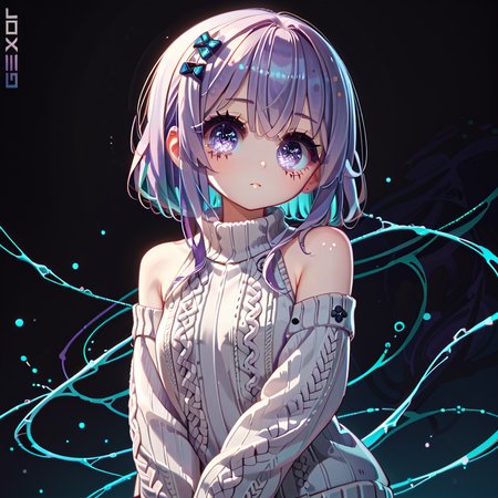 embedding:PonyScores7, 1girl, purple hair, teal inner hair,   white eyes, deepskyblue and chartreuse theme, mediumblue virgin killer sweater, , eyesHD <lora:Geoxors_Covers_Art_Style:1> <lora:Detailer\Eyes_High_Definition:0.9>