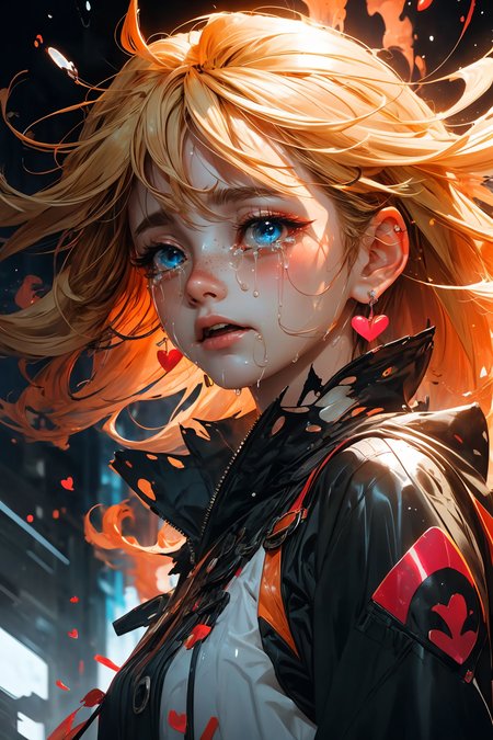 blond hair, long hair, freckles, earrings, 
(upper body:1.1), particles, sparkles, flames, (tears:1.2), (crying:1.4), (wet face:1.1), 
(torn clothes:1.2), abstract, 
bangs, hearts, 
<lora:more_details:0.3>
 <lora:Cosmic anime-oil fusion v2:0.3> 
<lora:AnimeVibesV3:0.25> animevibes, 
<lora:3DMM_V11:0.35> 3DMM 
<lora:midjourney_20230624181825:0.35> midjourney ,
 <lora:LAS:0.3> colorful, 
<lora:msw_locon-t2:0.3>
 <lora:wuxia2:0.4> gu, shiny, shiny hair, shiny skin, shiny clothes