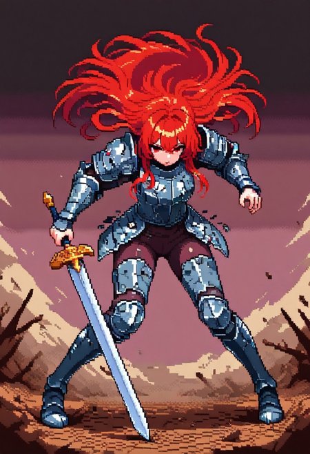 pixeldream, 1girl, destroyed armor, long red hair, long sword, heroic pose,