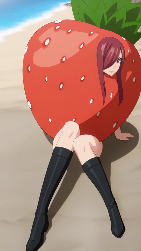 masterpiece, best quality, very aesthetic, absurdres, BREAK, 1girl, looking at viewer,full body, 
<lora:Strawberry_Erza_Illu_Dwnsty:1>, erz_strawberry, brown eyes, red hair, long hair, hair over one eye, alternate costume, mascot costume, strawberry, oversized fruit, black footwear, knee boots, 
 lips, light smile, 
outdoors,beach sunlight, on ground, sitting, scenery, ocean,