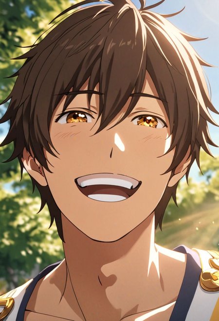 Highres, Masterpiece, High Quality, 4K, 8K, solo, 1Boy, Seiya Kanie, short dark brown hair, golden eyes, sunny weather, sunshine, looking at viewer, laughing, half body, cheerful, easynegative, detailed_eye_model