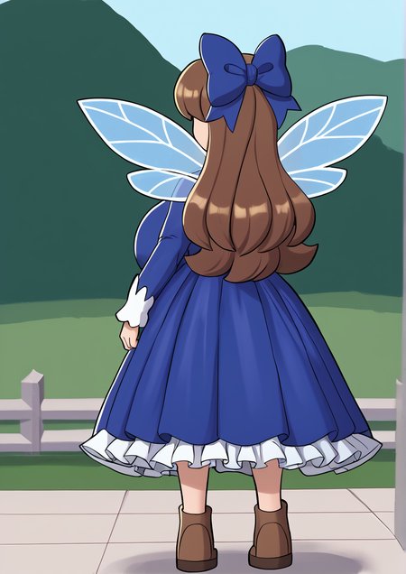 1girl, star sapphire, huge breast, , blue bow, blue dress, bow, brown footwear, brown hair, dress, fairy, fairy wings, frilled dress, frills, from behind, full body, hair bow, long hair, long sleeves, one-hour drawing challenge, outdoors, shoes, solo, standing, wings, ,handfixer,zPDXL3 <lora:Balls_Deep_V3LL:1> <lora:Breast Slider - Pony_alpha1.0_rank4_noxattn_last:3> <lora:HandFixer_pdxl_Incrs_v1:1>    <lora:CrossSama:1>
