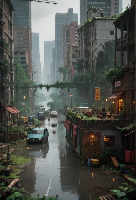 score_9,score_8_up,score_7_up,8k,,ruanyi0723,post-apocalypse,overgrown,moss,,ruanyi0714,water drop,rain,<lora:0723 post-apocalypse_v1_pony:1>,<lora:0714 rainy day_v1_pony:0.6>