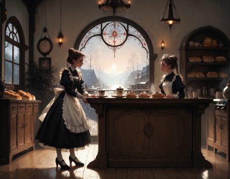 score_9, score_8_up, score_7_up, score_6_up, score_5_up, score_4_up,  masterpiece, high quality, full body, 2girls, maid outfit, in a Victorian bakery, cafe, counter top, behind the counter, bread, pie, coffee, long hair, tied up hair, hair bun, cozy, warm colors, braid, panoramic, white fabric