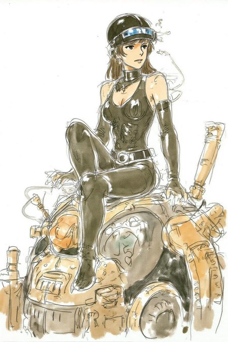 hayaomiyazaki2 illustration.
A striking, futuristic scene depicts a woman dressed in sleek, form-fitting leather attire, sitting confidently atop an open power suit, inspired by the cyberpunk aesthetics of Masamune Shirow. The power suit, a blend of advanced technology and military-grade armor, features intricate mechanical details, exposed wiring, and a robust, yet streamlined design. The woman, wearing a cutting-edge VR headset, exudes a sense of control and mastery over the machine beneath her. Her posture is relaxed yet commanding, with one hand resting on the suit's metallic surface and the other casually holding a piece of advanced tech.  <lora:hayaomiyazaki2_cap_d8a4:1.0><lora:861019295684033631:0>