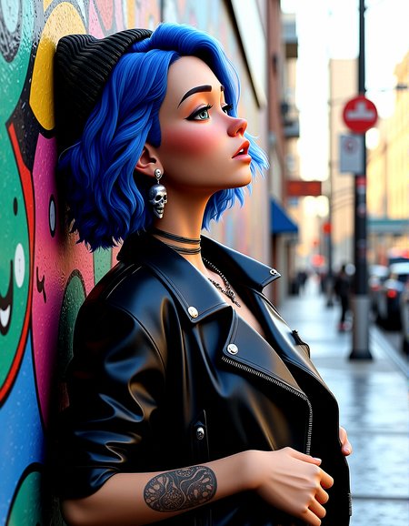 SamYoung_Illustration,
A 3D render using Unreal Engine of a young woman with short wavy blue hair, wearing a knit beanie and a black leather jacket, detailed with skull earrings, chokers, and skull-themed necklaces. The background is A large mural painted on the side of a building, showcasing vibrant street art and urban culture. focusing on cinematic photorealism.

microdetail maps for extremely fine texture details, especially on the skin and clothing.Add roughness variation across materials to enhance realism, especially on skin and fabric. real-time tessellation for dynamic surface detail, such as on the fabric of the beanie.Add subtle wear and tear to materials like the leather jacket, giving it a more lived-in look.Introduce slight imperfections like freckles, pores, and subtle blemishes to enhance skin realism.4k resolution textures for detailed surfaces, especially for the skin, leather jacket, and tattoos.Simulate wet surfaces on the ground or buildings for added realism, especially under streetlights.Add details like graffiti or signs of urban decay to walls or buildings for a gritty atmosphere.Include distant, blurred traffic lights for additional depth and urban context.

She leans back casually against a wall, with one hand in her pocket and the other resting by her side. 








