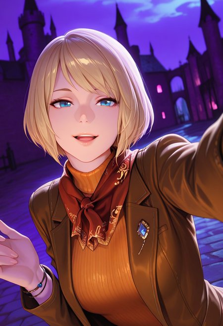 masterpiece,best quality,very aesthetic, absurdres,solo,1girl,<lora:Ashley_illustrious_v1:1>  Ashley,short hair,bob cut, blonde hair,blue eyes,faint lips,(smile,open mouth),(red scarf,brown jacket,turtleneck, orange shirt, lips, jewelry, bracelet,sweater),(upper body,dynamic angle),(selfie),(dark,night,purple theme,medieval castle,deep shadows)