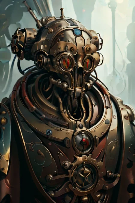 ((masterpiece,best quality)), absurdres, mechanical arms, bronze and crimson robes, hood, (techpriest), cyborg, mechanical face, (ArtNouveauAI)