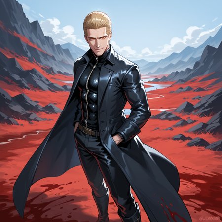 PonyScores7, source_anime, ah1, best quality, (masterpiece:1.4), (high quality:1.4), sharp focus, 4k, absurd resolution, <lora:albertwesker-guy-PONYv1:0.8> albertwesker, albert wesker, 1boy, solo, blonde, black gloves, sunglasses, belt, pants, black coat, black pants, looking at viewer, toned, athletic, fit, slicked back hair, black turtleneck, zipper, mature male, (graphene textured clothes), black boots, (standing tall with a slight lean forward, hands casually in pockets, smirk, exuding dominance and allure), (Cursed, blood-red river that flows with an otherworldly glow and whispers of forgotten souls), bad-hands-5, ((Relief expression)), <lora:xl_more_art-full_v1:0.2>, <lora:shinyskin2:0.2> glistening skin, <lora:aesthetic_anime_v1s:0.2>, <lora:Expressive_H:0.2> Expressiveh, <lora:hairdetailpxl:0.2> hairdetailpxl, <lora:detailxl:0.2> detailxl, (Eye-level angle (from the side) view Extreme Close shot (focus on waist)), (pants), (focused, intense glare), slit pupils, short hair, (reddish orange eyes), best quality, amazing quality, best aesthetic, absurdres, <lora:expressive eyes:0.2> expressive eyes, <lora:eyedetailpxl:0.2> eyedetailpxl, illustration, Volumetric_Lighting, ultra-detailed, very aesthetic, intricate details, 8k, masterpiece, best_quality, (angular face, sharp_featured face),